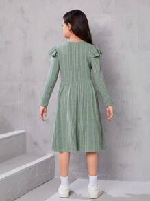 SHEIN Tween Girl Retro Ruffled Ribbed Knit A-Hem Waisted Long-Sleeved Dress - Green - View 2