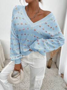 SHEIN Essnce 女士燈籠袖v領套頭毛衣 - 藍色 - 查看 3