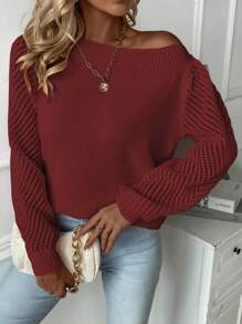 SHEIN Essnce 女款泡泡袖空心針織毛衣 - 酒紅色 - 查看 5