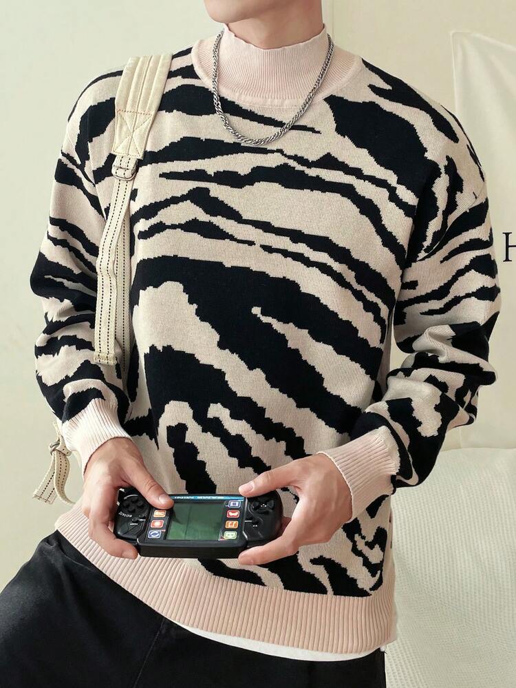 Men's Zebra Pattern High Collar Sweater
