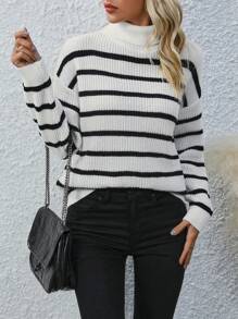 EMERY ROSE Của phụ nữ Sọc Áo cao cổ Áo chui đầu Áo len - Đen và trắng - Xem 3