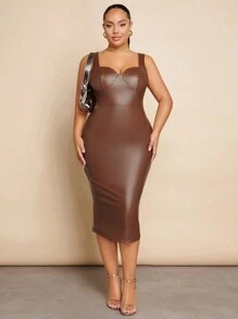 SHEIN BAE 大尺碼人造皮革修身束腰連衣裙 - 棕色 - 查看 7