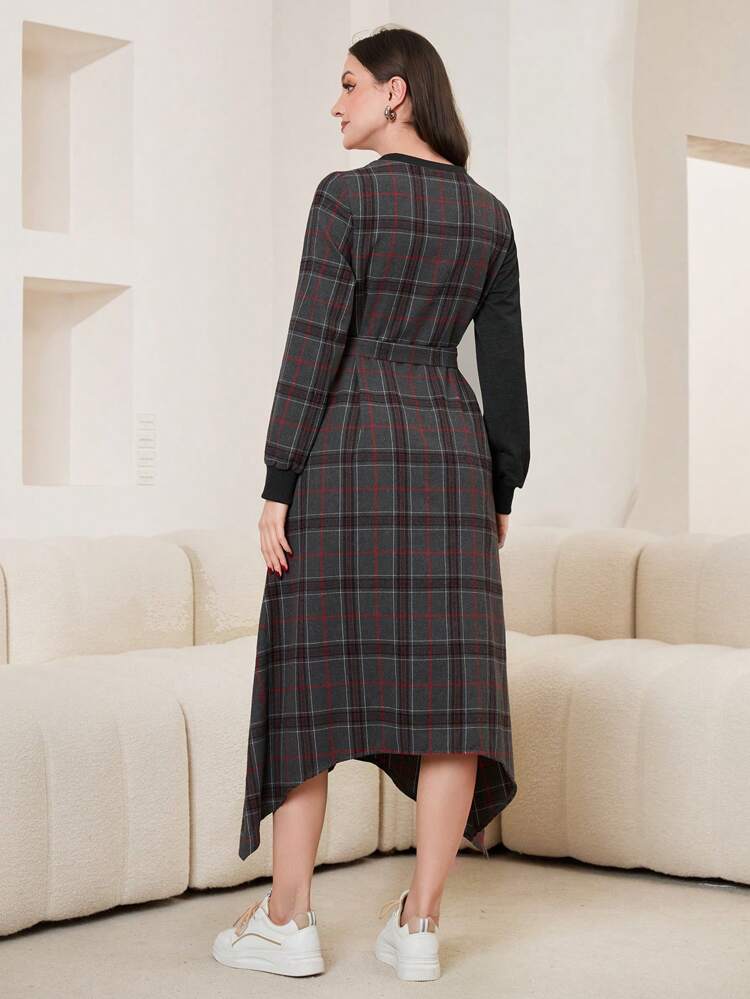 Patchwork Plaid Print Self-Tie Belt Asymmetrical Hem Sweatshirt Dress Pullover Fall Outfit