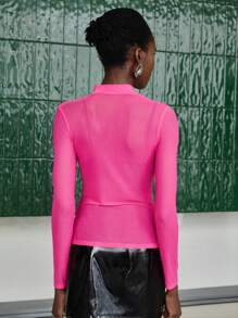 BizChic 女士立領純色透視上衣 - 玫紅色 - 查看 2