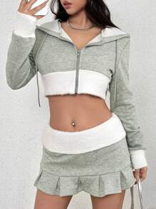 SHEIN Unity Women's Colorblock Drawstring Hooded Cropped Sweatshirt And Skirt Two Piece Set - Grey - View 1
