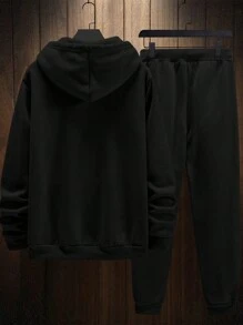 Manfinity Homme Men's Plus Size Angel Pattern Hooded Sweatshirt And Sweatpants Set With Drawstring - Black - View 2