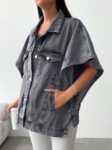 EURMUSE 宽松休闲半袖牛仔夹克 - 灰色 - 查看 4