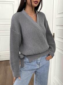 SHEIN Unity 不對稱 V 領紐扣開襟衫 - 灰色 - 查看 5