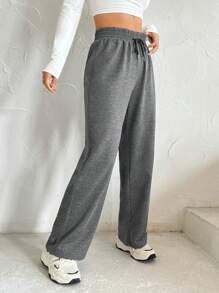 SHEIN EZwear 純色腰部束繩寬腿褲 - 深灰色 - 查看 3