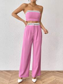SHEIN Essnce Color Block Strapless Top And Straight Leg Pants Set - Red Violet - View 3