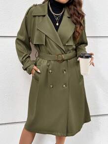 SHEIN Essnce 大碼雙排扣翻領風衣外套 - 軍綠色 - 查看 3