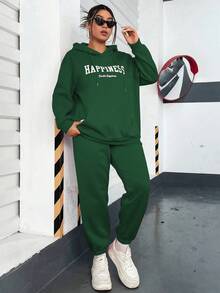 Flirla Plus Letter Graphic Kangaroo Pocket Drop Shoulder Drawstring Hoodie & Sweatpants - Green - View 7