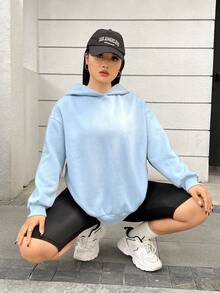 SHEIN EZwear Plus Butterfly & Slogan Graphic Drop Shoulder Hoodie - Blue - View 5