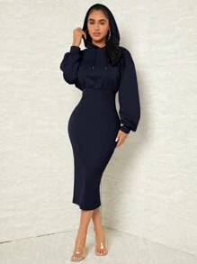 SHEIN SXY 女士實色束腰連帽緊身運動連衣裙 - 藏蓝色 - 查看 3