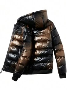 Manfinity Hypemode 男士拉链抽绳连帽超大加厚外套，外出黑色休闲绗缝冬季外套，适合朋友、丈夫、男朋友的礼物 - 黑色 - 查看 8