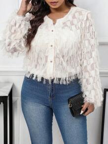 Calvaya Plus Size Tassel Button Detail Shirt - Apricot - View 4