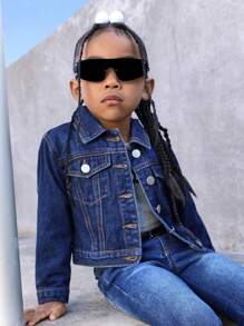 Young Girl Flap Detail Button Up Denim Jacket - Dark Wash - View 3