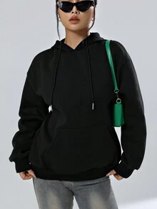 SHEIN EZwear 女字母印花抽繩連帽衫 - 黑色 - 查看 4