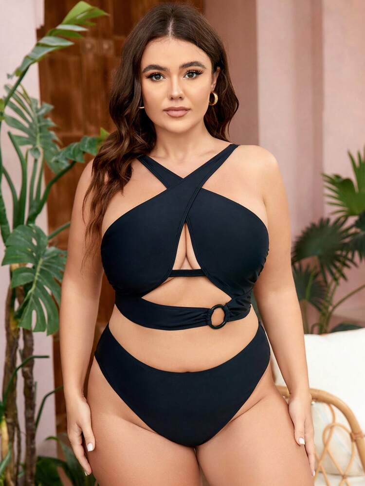Plus Size Women's Cross Neck & Circle Linked Bikini Set Summer Beach