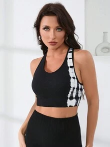 Sujetador Deportivo Con Bloques De Color Teñido Anudado - Blanco y Negro - Ver 5