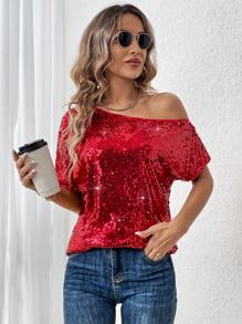 SHEIN LUNE Camisa De Lentejuelas Con Cuello Asimétrico - Rojo - Ver 5