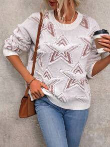 SHEIN LUNE Women's Drop Shoulder Star Pattern Sweater - Apricot - View 6