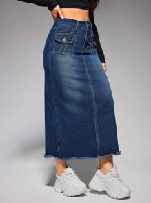 SHEIN EZwear Frayed Hem Washed Denim Skirt - Dark Wash - View 4