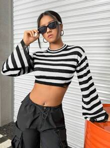 SHEIN EZwear 有條紋的短款破洞毛衣 - 黑與白 - 查看 6