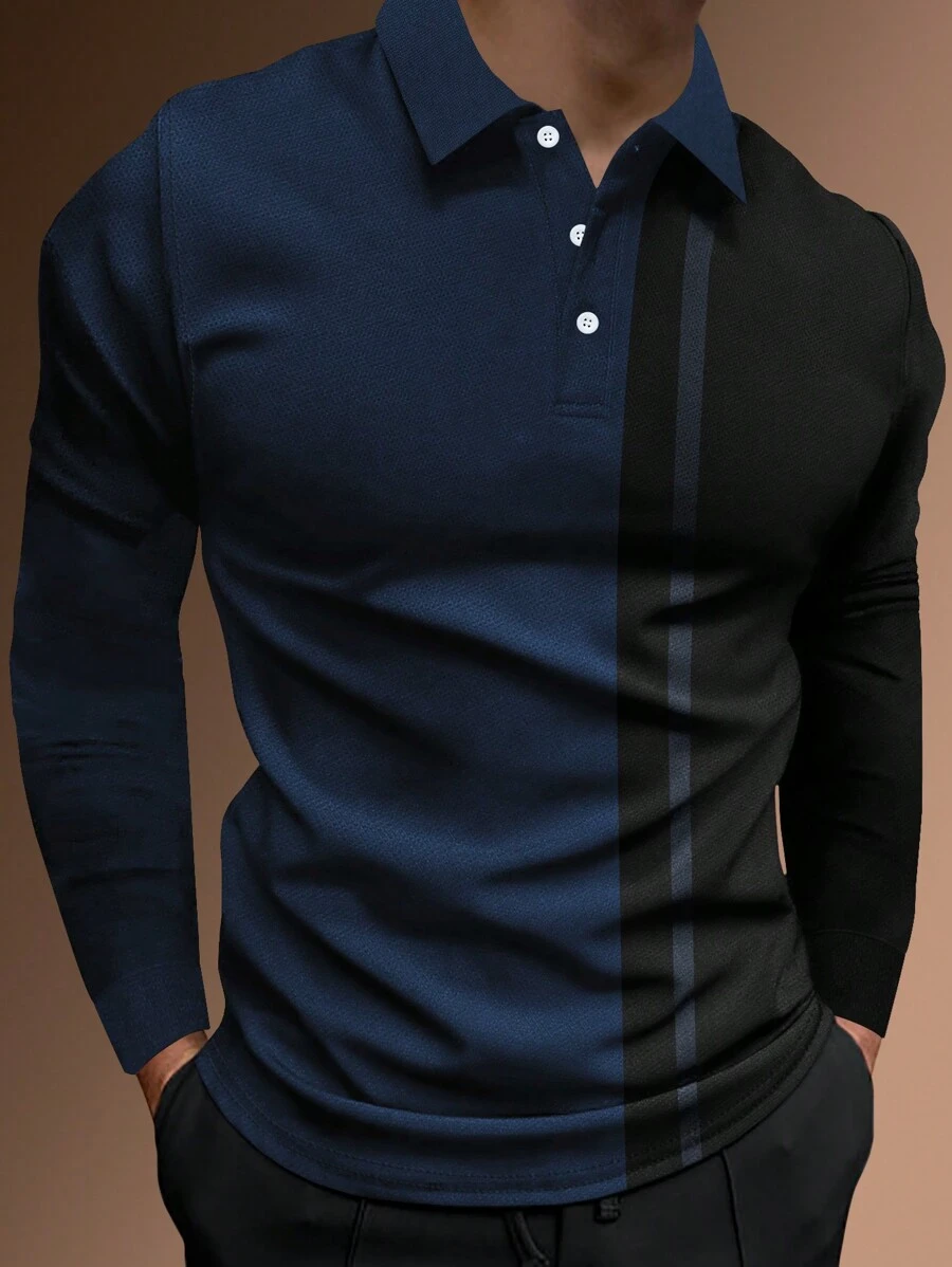 Manfinity Homme 男士条纹印花 Polo 衫、男士双色 Polo 衫、男士拼色 Polo 衫、男士蓝黑 Polo 衫 - 藏蓝色 - 查看 1