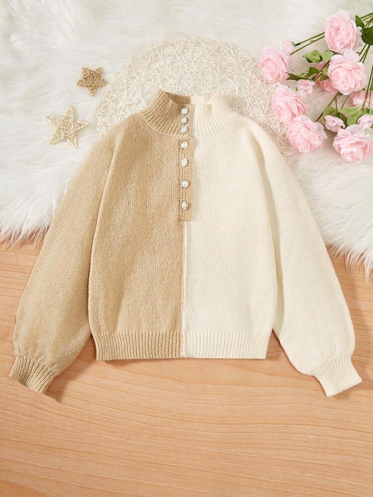Tween Girls Color Block Half Button Collar Pullover Sweater