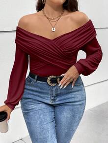 SHEIN Privé Plus Size Off-shoulder Lantern Sleeve T-shirt - Burgundy - View 3