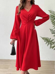 Chiquease Twist Front Lantern Sleeve Dress - Red - View 5