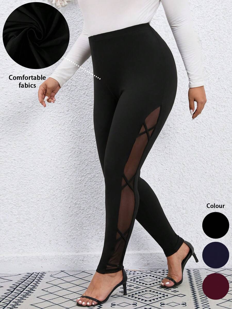 SHEIN LUNE Plus Contrast Mesh Leggings - Black - View 1