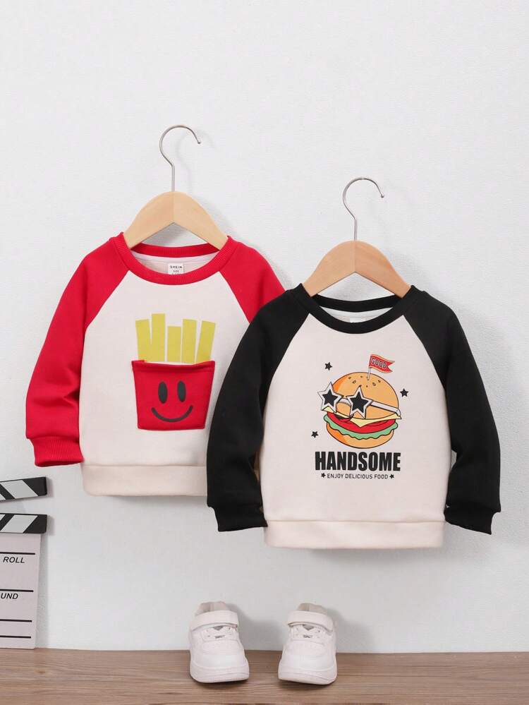 Infant Boys' Cartoon Hamburger & French Fries Patchwork Long Sleeve Sweatshirt 2pcs/set