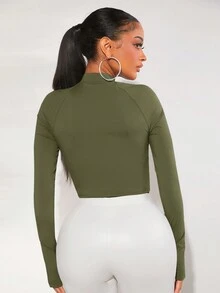 SHEIN SXY Women's Stand Collar Half Zipper Cropped T-shirt - Army Green - View 2