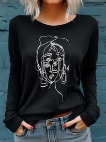 SHEIN LUNE Của phụ nữ Hình vẽ trừu tượng Sợi dây In Áo thun - màu đen - Xem 3