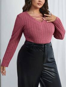 SHEIN Essnce 肋紋加大號長袖t恤 - 玫紅色 - 查看 4