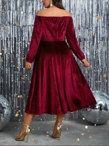 SHEIN Clasi Women's Plus Size Off-the-shoulder Lantern Sleeve Dress - Burgundy - View 2
