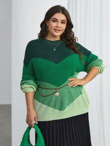 SHEIN Essnce Kích thước lớn Của phụ nữ Màu sắc Chặn Thả vai Áo len - màu xanh lá - Xem 4