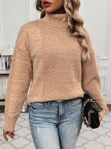 SHEIN Essnce 高領落肩毛衣套頭衫 - 駝色 - 查看 5