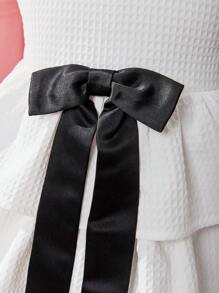 SHEIN 嬰兒女孩無袖蝴蝶結分層裙連頭帶,適用於夏季 - 白色 - 查看 4