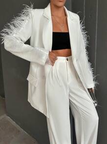 EURMUSE Fuzzy Trim Double Breasted Blazer - White - View 4