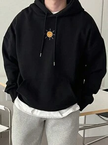 男士户外探险元素印花抽绳连帽卫衣，返校季，秋冬季，长袖上衣 - 黑色 - 查看 4