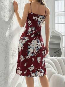 女士花卉印花細肩帶長裙 - 紅色 - 查看 2