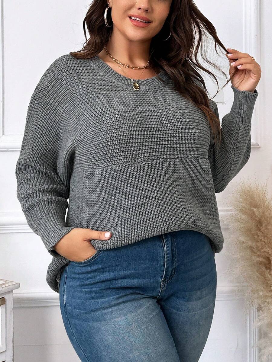 SHEIN LUNE 加大尺寸純色蝙蝠袖毛衣 - 灰色 - 查看 1