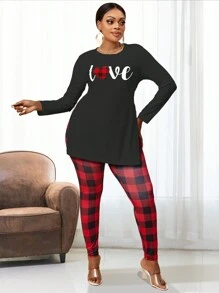 Maweii 大碼英文字母印花開叉擺t恤和格紋打底褲套裝 - 黑色 - 查看 6