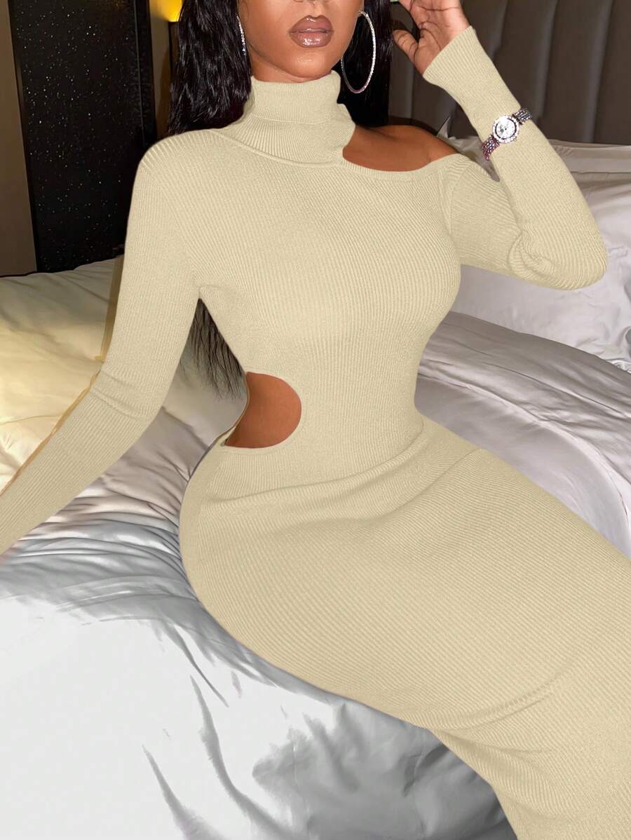 Slaydiva Solid Color High-collar Hollow Out Sweater Dress - Apricot - View 1