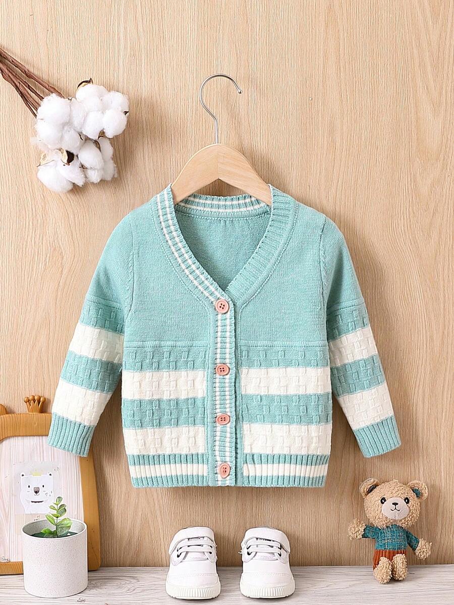 Con trai Sọc Nút-Mặt trước Áo len Mở - màu xanh lá - Xem 1