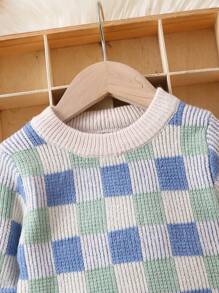 男童格紋圓領休閒毛衣 - 藍色 - 查看 3