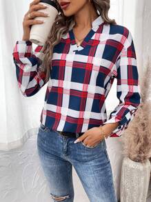 SHEIN LUNE 女士格紋印花鑲邊淺口卷袖襯衫